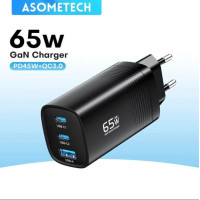 Зарядний пристрій Asometech GaN 65W PD+QC4.0 3-порти (USB-A + 2 USB Type-C) чорний (RCE-6501)