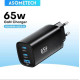 Зарядний пристрій Asometech GaN 65W PD+QC4.0 3-порти (USB-A + 2 USB Type-C) чорний (RCE-6501)