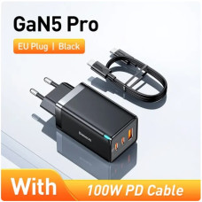 Зарядний пристрій Baseus GaN5 Pro Fast Charger QC4.0+PD3.0 65W USB+2Type-C + кабель Baseus Type-C to Type-C 100W 1м Чорний (CCGAN65E5)