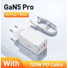 Зарядний пристрій Baseus GaN5 Pro Fast Charger QC4.0+PD3.0 65W USB+2Type-C + кабель Baseus Type-C to Type-C 100W 1м Білий (CCGAN65E5)